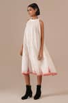 Shop_Indigo Dreams_Ivory Cotton Embroidery Halter Neck Handwoven Jamdani Gathered Dress _Online_at_Aza_Fashions