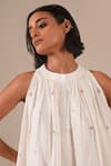 Indigo Dreams_Ivory Cotton Embroidery Halter Neck Handwoven Jamdani Gathered Dress _at_Aza_Fashions
