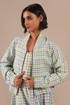 Shop_Indigo Dreams_Multi Color Cotton Square Handwoven Jamdani Gingham Dress And Bomber Jacket Set _Online_at_Aza_Fashions