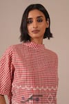 Shop_Indigo Dreams_Red Cotton Embroidery Crew Gingham Handwoven Jamdani Top And Gathered Skirt Set _Online_at_Aza_Fashions
