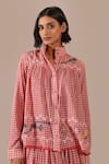 Shop_Indigo Dreams_Red Cotton Embroidery High Gingham Jamdani High-collared Top And Gathered Skirt _Online_at_Aza_Fashions