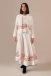 Indigo Dreams_Ivory Cotton Embroidery Round , Open Handwoven Jamdani Top Skirt Set _at_Aza_Fashions