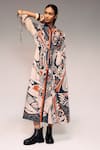 Shop_Kritika Murarka_Rust Cotton Embroidery Mandarin Collar Tribal Print Drawstring Maxi Dress _Online_at_Aza_Fashions