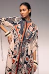 Shop_Kritika Murarka_Rust Cotton Embroidery Mandarin Collar Tribal Print Drawstring Maxi Dress 