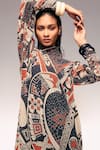 Buy_Kritika Murarka_Rust Cotton, Net High Neck Mata Ortiz Pottery Motif Print Midi Dress 