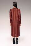 Shop_Kritika Murarka_Rust Viscose, Silk High Neck Vertical Stripe Midi Dress _at_Aza_Fashions