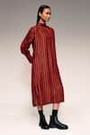 Kritika Murarka_Rust Viscose, Silk High Neck Vertical Stripe Midi Dress _Online_at_Aza_Fashions