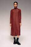 Buy_Kritika Murarka_Rust Viscose, Silk High Neck Vertical Stripe Midi Dress _at_Aza_Fashions