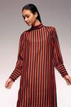 Shop_Kritika Murarka_Rust Viscose, Silk High Neck Vertical Stripe Midi Dress _Online_at_Aza_Fashions
