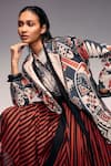 Kritika Murarka_Orange Cotton, Linen Embroidery V-neck Scallop Print Cord Stitch Jacket _at_Aza_Fashions