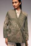Kritika Murarka_Olive Green Handloom Cotton Embroidery Khadi Kantha Kimono Overlap Jacket _Online_at_Aza_Fashions