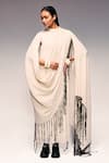 Shop Kritika Murarka Ivory Cotton Tassels, Beads High Neck Crushed Scarf Maxi Dress Shop_Kritika Murarka_Ivory Cotton Tassels, Beads High Neck Crushed Scarf Maxi Dress
