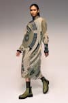 Kritika Murarka_Olive Green Cotton, Net High Neck Mata Ortiz Pottery Motif Print Midi Dress _Online_at_Aza_Fashions