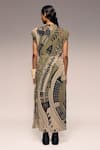 Shop_Kritika Murarka_Olive Green Cotton, Net Mandarin Mata Ortiz Hand Printed Drawstring Maxi Dress _at_Aza_Fashions