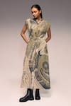 Buy_Kritika Murarka_Olive Green Cotton, Net Mandarin Mata Ortiz Hand Printed Drawstring Maxi Dress _at_Aza_Fashions