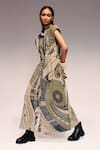 Kritika Murarka_Olive Green Cotton, Net Mandarin Mata Ortiz Hand Printed Drawstring Maxi Dress _Online_at_Aza_Fashions