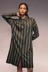 Buy_Kritika Murarka_Olive Green Cotton Beads, Tassels Collared Stripe Shirt Dress _at_Aza_Fashions