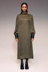 Buy_Kritika Murarka_Olive Green Modal, Satin High Neck Chequered Puffed Sleeve Midi Dress _at_Aza_Fashions