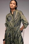 Kritika Murarka_Olive Green Cotton Embroidery Mandarin Collar Tribal Print Drawstring Maxi Dress _Online_at_Aza_Fashions