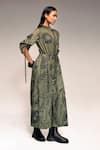 Buy_Kritika Murarka_Olive Green Cotton Embroidery Mandarin Collar Tribal Print Drawstring Maxi Dress _Online_at_Aza_Fashions