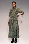Buy_Kritika Murarka_Olive Green Cotton Embroidery Mandarin Collar Tribal Print Drawstring Maxi Dress _at_Aza_Fashions