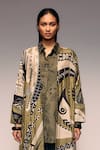 Kritika Murarka_Olive Green Collared Mata Ortiz Print Silk Cape _Online_at_Aza_Fashions