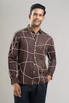 Buy_Aryavir Malhotra_Brown Linen, Cotton Embroidery Hand Abstract Grid Shirt _at_Aza_Fashions