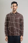 Buy_Aryavir Malhotra_Brown Linen, Cotton Embroidery Hand Abstract Grid Shirt _Online_at_Aza_Fashions