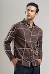 Aryavir Malhotra_Brown Linen, Cotton Embroidery Hand Abstract Grid Shirt _at_Aza_Fashions