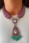 Buy_PRERTO_Multi Color Gemstones, Pearls, Khushi 3d Oval Ruby And Emerald Kundan Pendant Set _at_Aza_Fashions