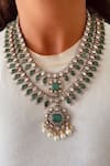 Buy_PRERTO_Emerald Green Pearls, Stones, Faux Diamonds Kundan And Polki Necklace Set _at_Aza_Fashions