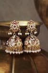 Shop_Curio Cottage_Gold Plated Pearls, Stones Jadau Blush Jhumka Earrings_at_Aza_Fashions