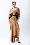 Buy_Nupur Kanoi_Gold Silk Sequins Sweetheart Neck Draped Dress With Embroidered Crop Blazer _at_Aza_Fashions