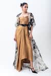 Buy_Nupur Kanoi_Gold Silk, Organza Sweetheart , Open Draped Dress With Printed Jacket _at_Aza_Fashions