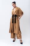 Buy_Nupur Kanoi_Gold Silk Tassels V-neck Work Long Jacket With Straight Pant _at_Aza_Fashions