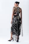 Shop_Nupur Kanoi_Black Chiffon, Crepe, Lycra Sequins, Fringe Crop Top And Printed Crush Skirt Set _at_Aza_Fashions