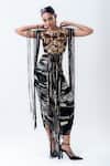 Buy_Nupur Kanoi_Black Chiffon, Crepe, Lycra Sequins, Fringe Crop Top And Printed Crush Skirt Set _at_Aza_Fashions
