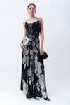 Shop_Nupur Kanoi_Black Crepe, Satin Sequins, Beads Printed Slit Cape With And Draped Skirt Set _Online_at_Aza_Fashions