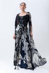 Buy_Nupur Kanoi_Black Crepe, Satin Sequins, Beads Printed Slit Cape With And Draped Skirt Set _at_Aza_Fashions