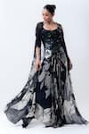 Buy_Nupur Kanoi_Black Crepe, Satin Sequins, Beads Printed Slit Cape With And Draped Skirt Set 