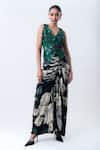 Buy_Nupur Kanoi_Green Satin, Crepe, Lycra Sequins, Waistcoat With Printed Drawstring Skirt _at_Aza_Fashions