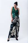 Shop_Nupur Kanoi_Green Satin, Crepe, Lycra Sequins, Waistcoat With Printed Drawstring Skirt _at_Aza_Fashions