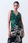Nupur Kanoi_Green Satin, Crepe, Lycra Sequins, Waistcoat With Printed Drawstring Skirt _Online_at_Aza_Fashions