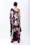 Shop_Nupur Kanoi_Burgundy Satin, Lycra One Shoulder Printed Cape With Side Knot Skirt _at_Aza_Fashions