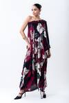 Buy_Nupur Kanoi_Burgundy Satin, Lycra One Shoulder Printed Cape With Side Knot Skirt _at_Aza_Fashions