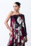 Nupur Kanoi_Burgundy Satin, Lycra One Shoulder Printed Cape With Side Knot Skirt _Online_at_Aza_Fashions