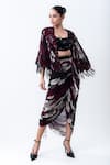 Buy_Nupur Kanoi_Burgundy Lycra Sequins Open Neck, Printed Short Cape With Gathered Skirt Set _at_Aza_Fashions