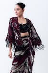 Nupur Kanoi_Burgundy Lycra Sequins Open Neck, Printed Short Cape With Gathered Skirt Set _Online_at_Aza_Fashions