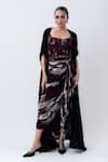 Buy_Nupur Kanoi_Black Lycra, Crepe Sequins Open Gathered Jacket With Printed Draped Skirt Set _at_Aza_Fashions