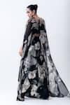 Shop_Nupur Kanoi_Black Satin, Lycra, Crepe Sequins Round Printed Slit Cape With Crushed Skirt Set _at_Aza_Fashions